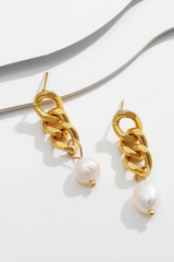 Links Chain Earrings with Pearl in Gold
